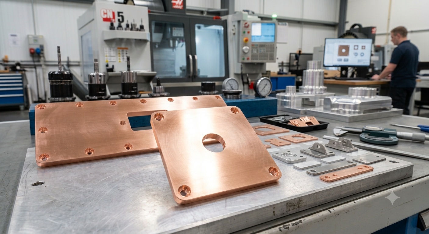 CNC-machined copper plates on an inspection bench at our Manchester workshop