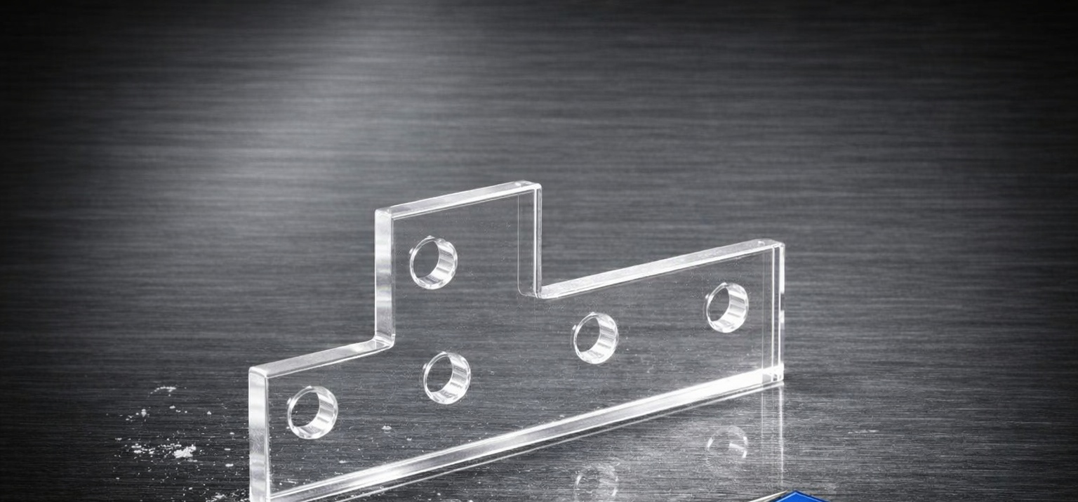 Clear acrylic bracket with deburred, polished edges on a brushed metal surface