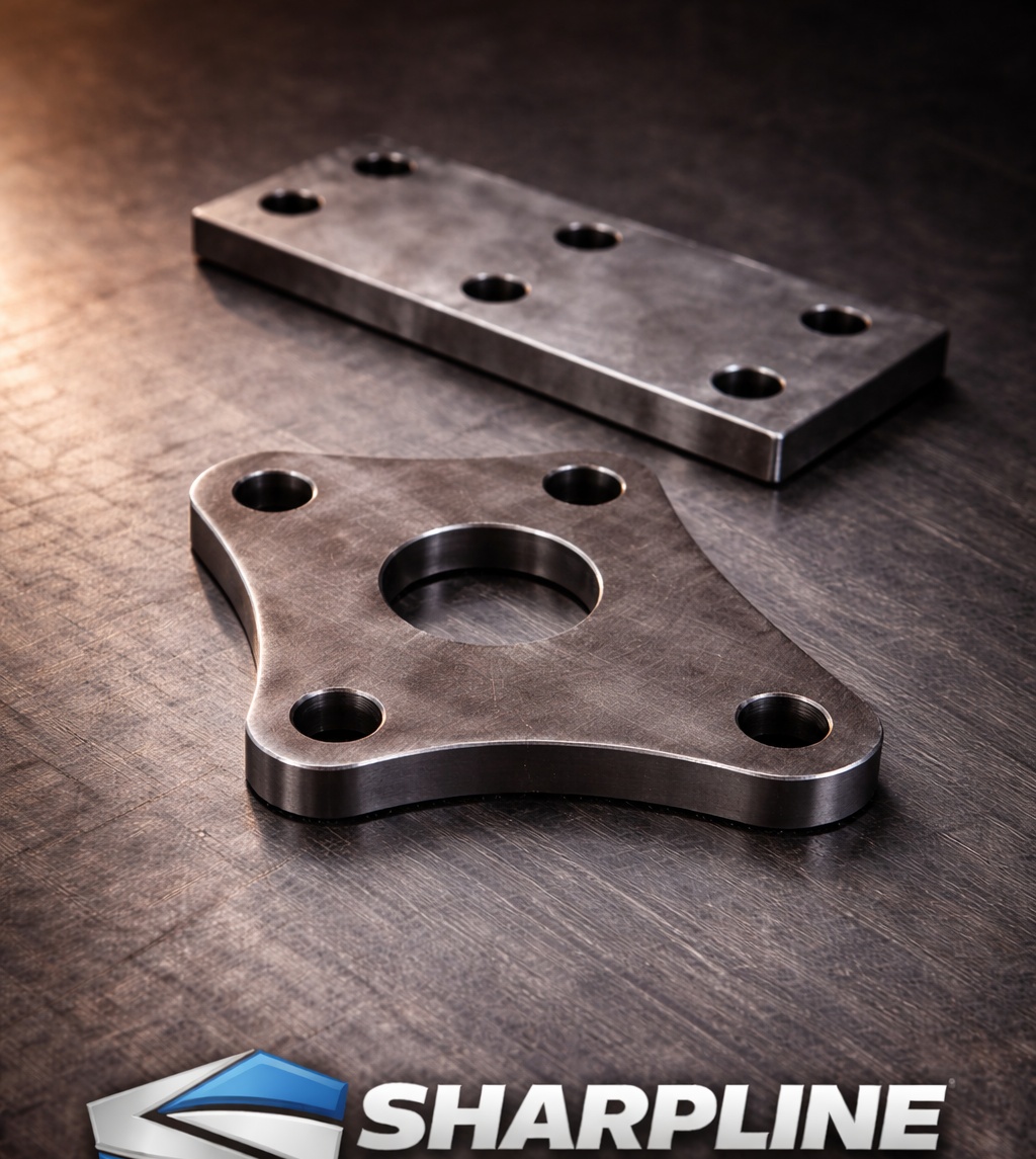 Pair of finished steel brackets with deburred edges and machined bores on a workbench
