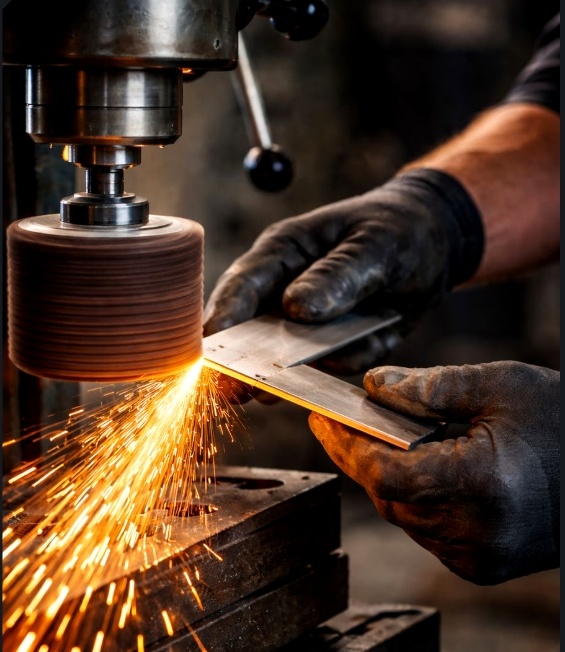 Manual deburring of a steel strip on a rotary wheel, sparks flying off the edge